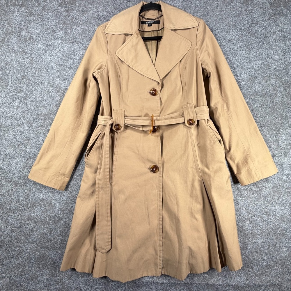 DKNY Belted‎ Trench Coat Womens M Beige Classic Stylish Tortoiseshell Buttons